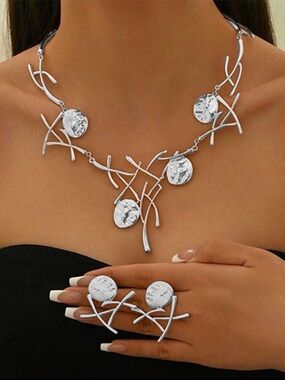 Silver Sculptural Branch Statement Necklace & Earrings Set | Modern Art Jewelry